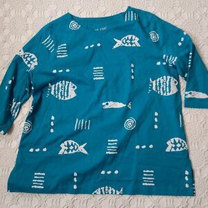 M Mac Vermont Country Store Short Sleeve T-shirt Blue Block Print Fish XL Women